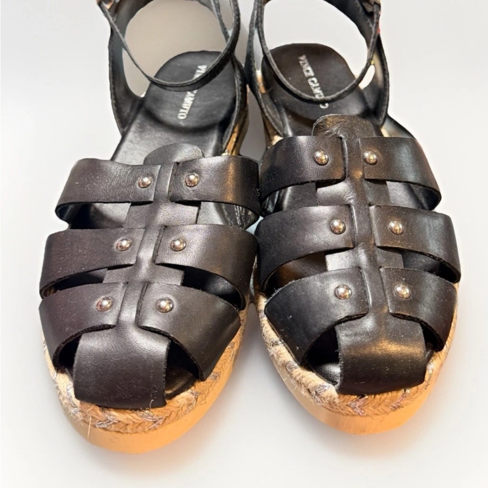 Vince Camuto Black Leather Woven Gladiator Espadrille Sandals